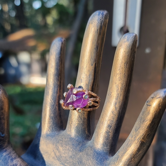Amethyst raw nugget w/topaz accent stones sterling &rose gold ring sz7.75 - Picture 12 of 12
